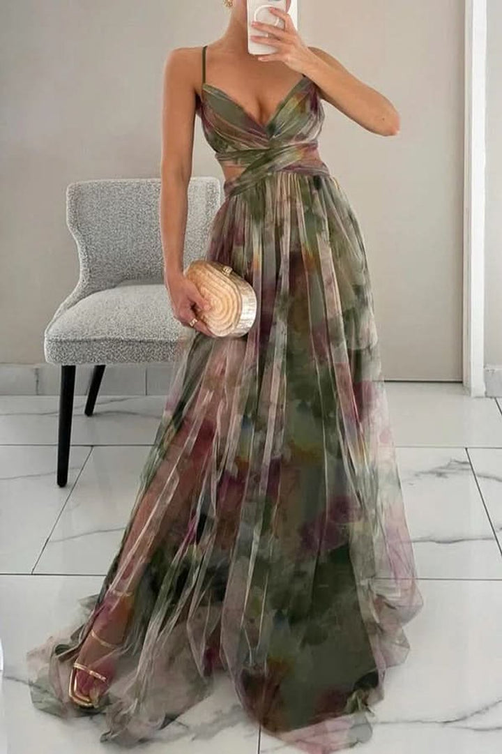 Women's Floral Tulle A-Line Cocktail Dress Sleeveless Maxi Gown - Green