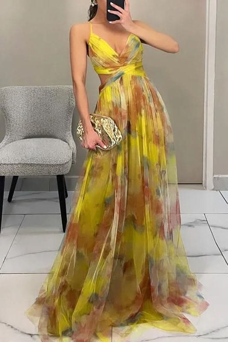 Women's Floral Tulle A-Line Cocktail Dress Sleeveless Maxi Gown - Yellow