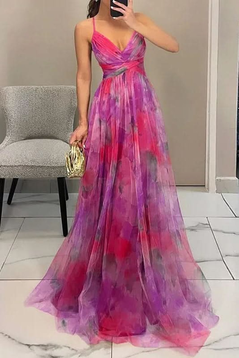 Women's Floral Tulle A-Line Cocktail Dress Sleeveless Maxi Gown - Pink
