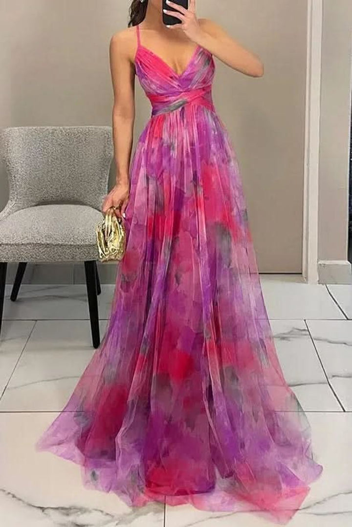 Women's Floral Tulle A-Line Cocktail Dress Sleeveless Maxi Gown - Pink
