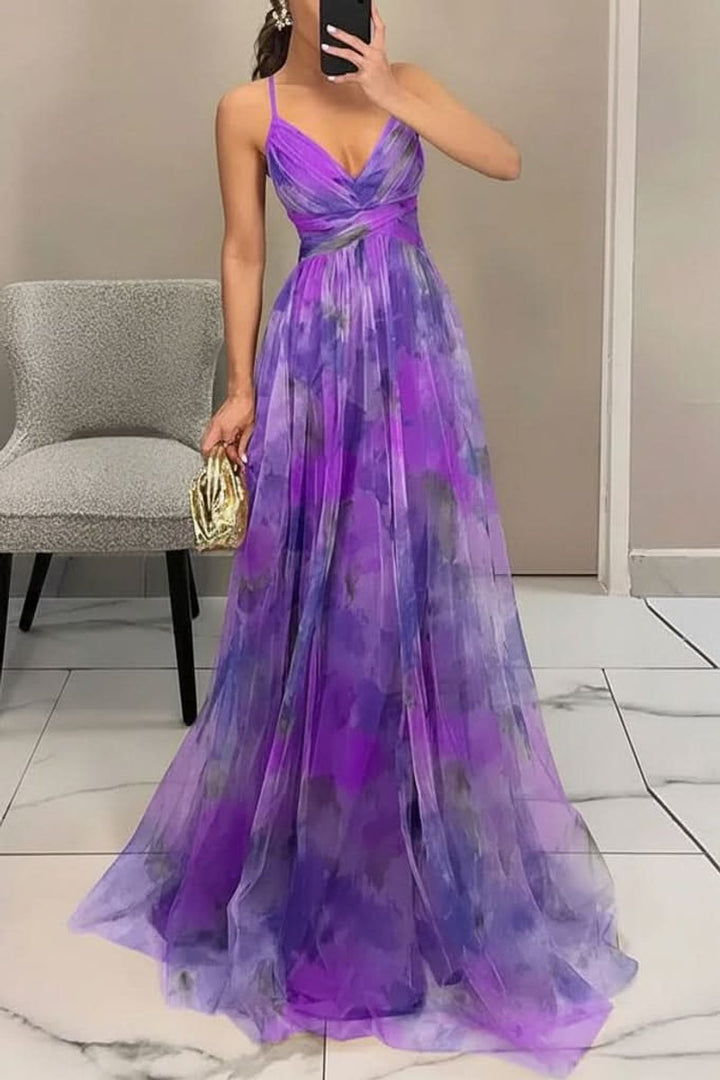 Women's Floral Tulle A-Line Cocktail Dress Sleeveless Maxi Gown - Purple