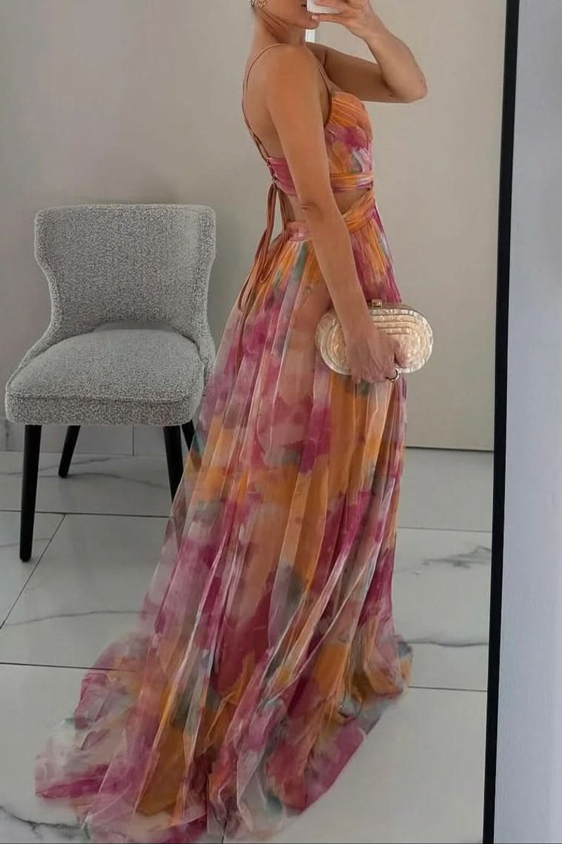 Women's Floral Tulle A-Line Cocktail Dress Sleeveless Maxi Gown