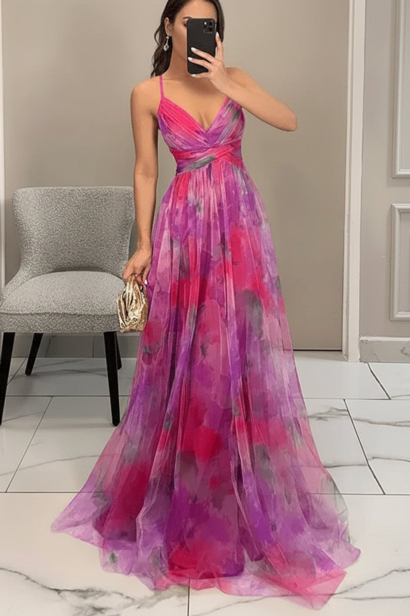 Women's Floral Tulle A-Line Cocktail Dress Sleeveless Maxi Gown