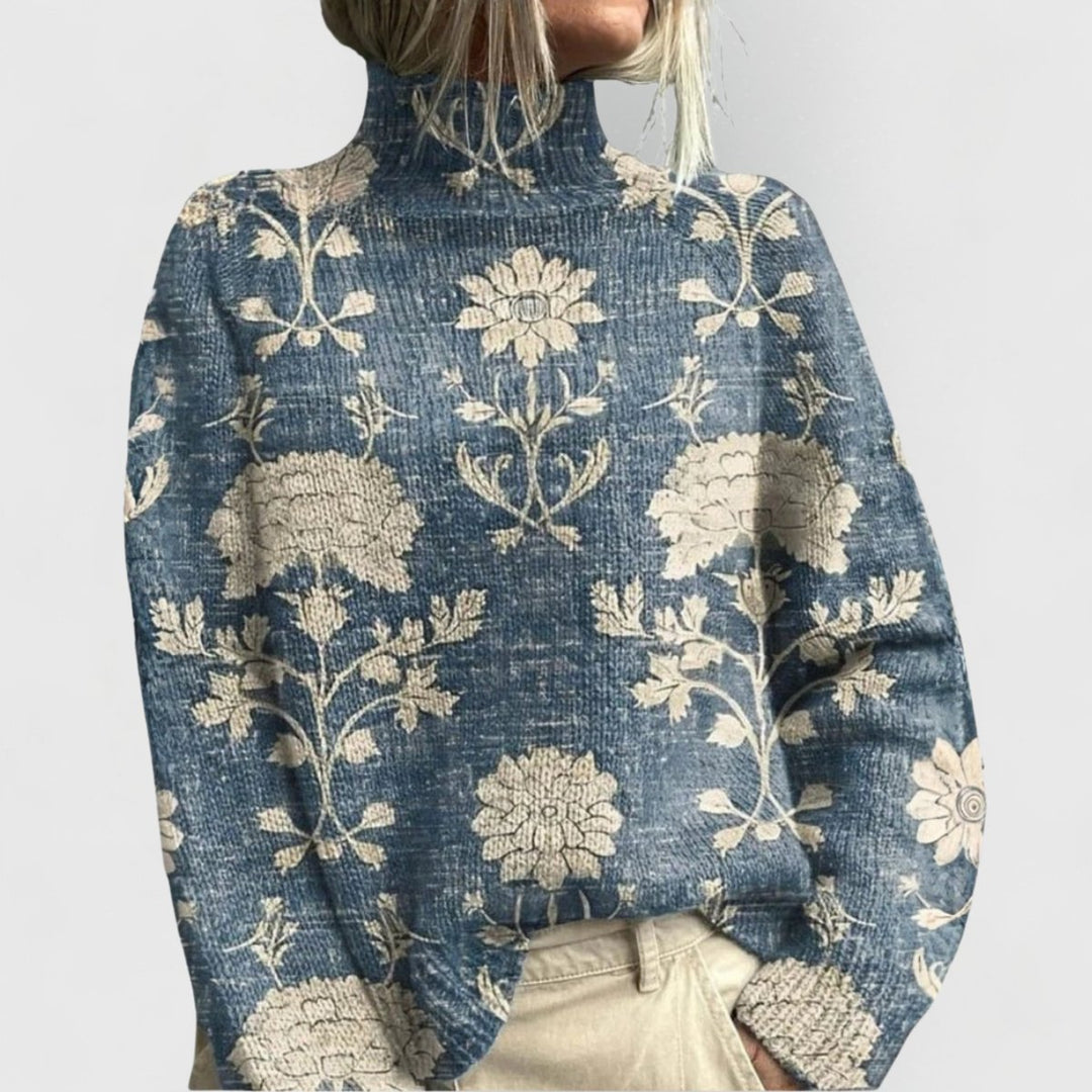 Women's Floral Turtleneck Relaxed-Fit Long-Sleeve Sweater - Light Blue