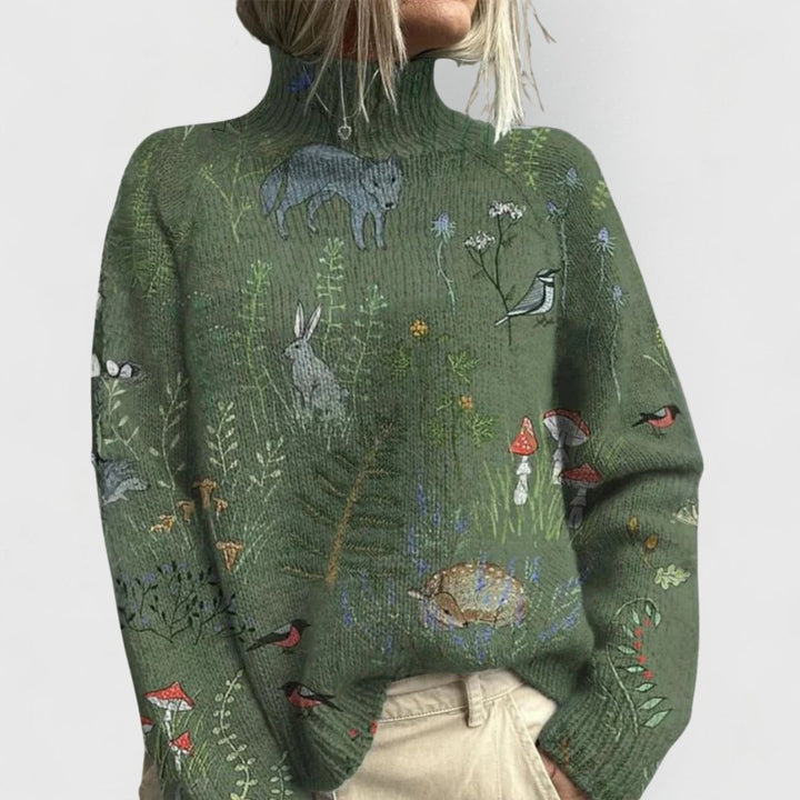Women's Floral Turtleneck Relaxed-Fit Long-Sleeve Sweater - Green