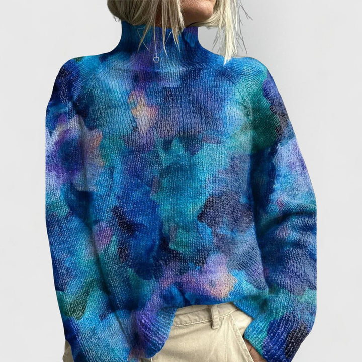 Women's Floral Turtleneck Relaxed-Fit Long-Sleeve Sweater - Blue