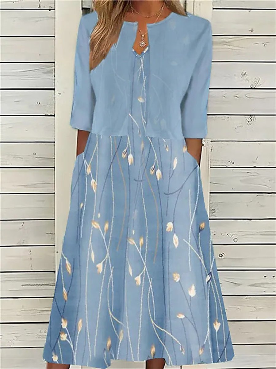 Women's Floral Two-Piece Midi Dress 3/4 Sleeve Round Neck