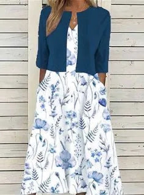 Women's Floral Two-Piece Midi Dress 3/4 Sleeve Round Neck - Dark Blue