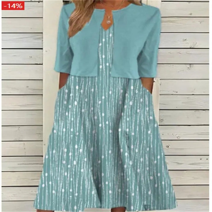 Women's Floral Two-Piece Midi Dress 3/4 Sleeve Round Neck - Teal