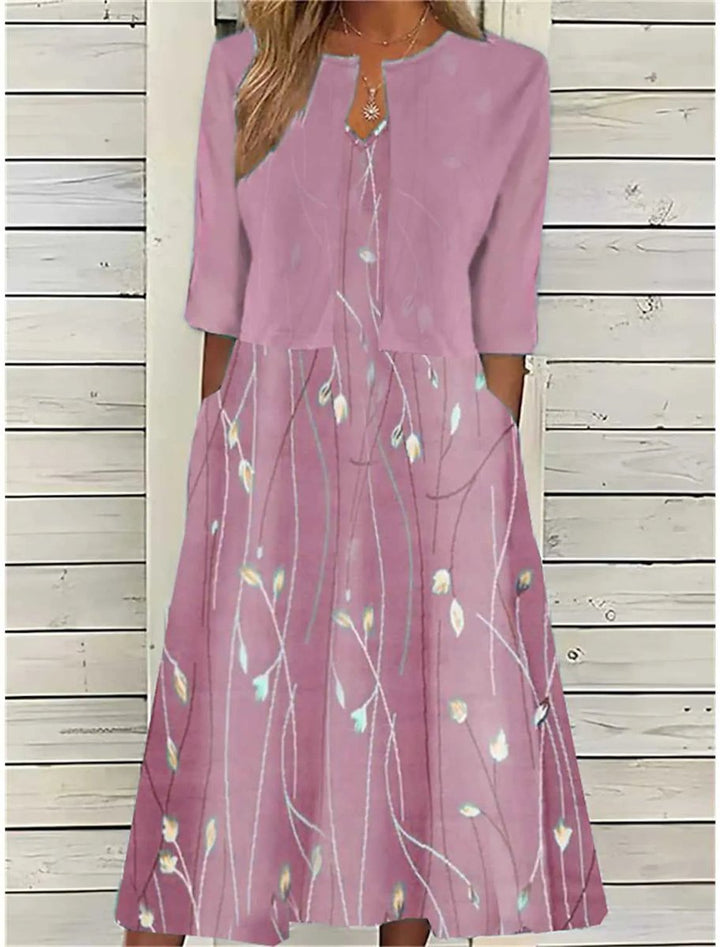 Women's Floral Two-Piece Midi Dress 3/4 Sleeve Round Neck - Pink