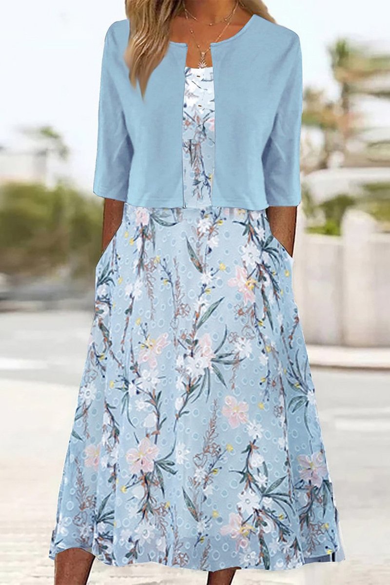 Women's Floral Two-Piece Midi Dress 3/4 Sleeve Round Neck - Light Blue