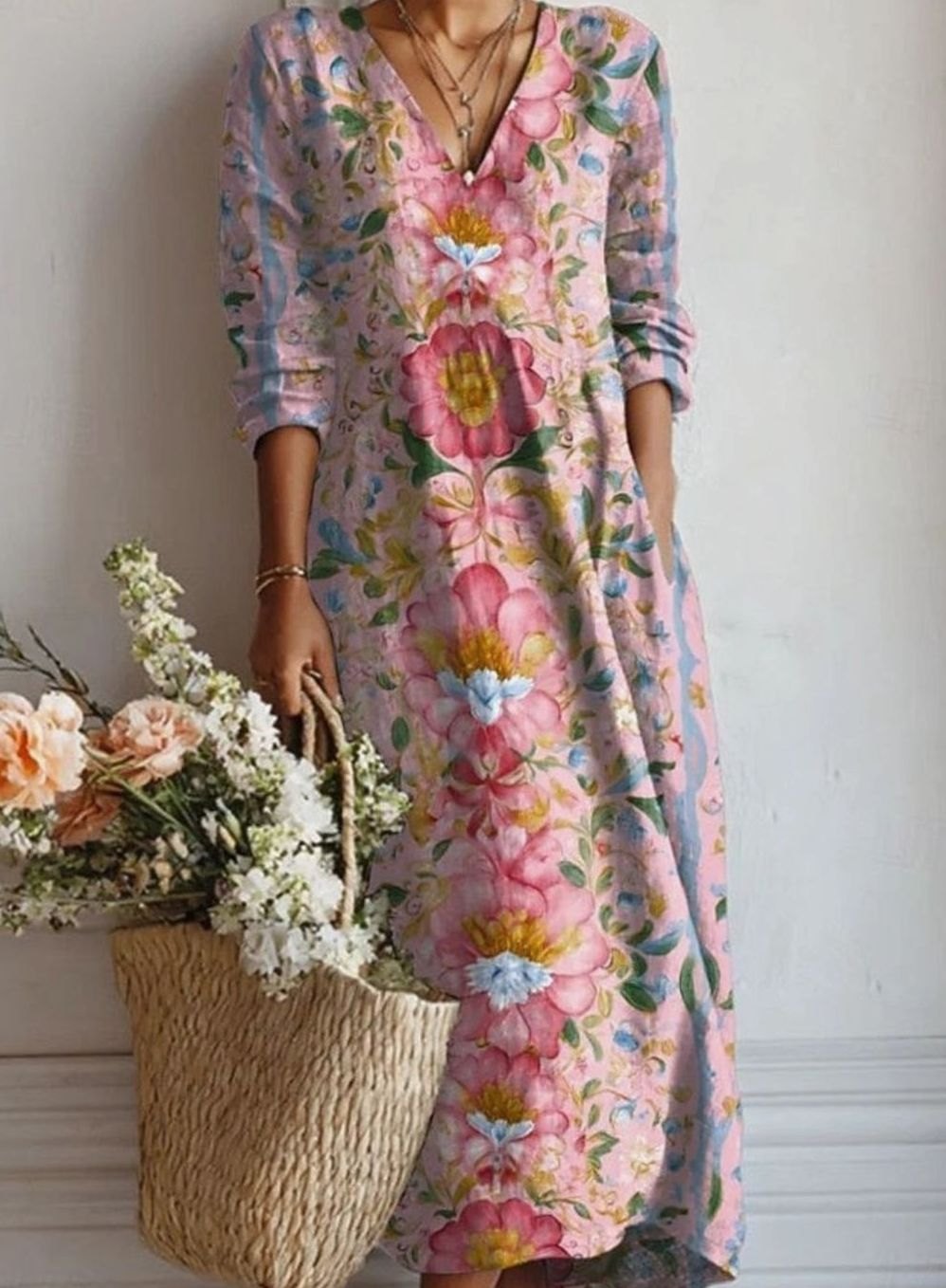 Women's Floral V-Neck Long Sleeve Dress Relaxed Maxi Fit - Multicolor