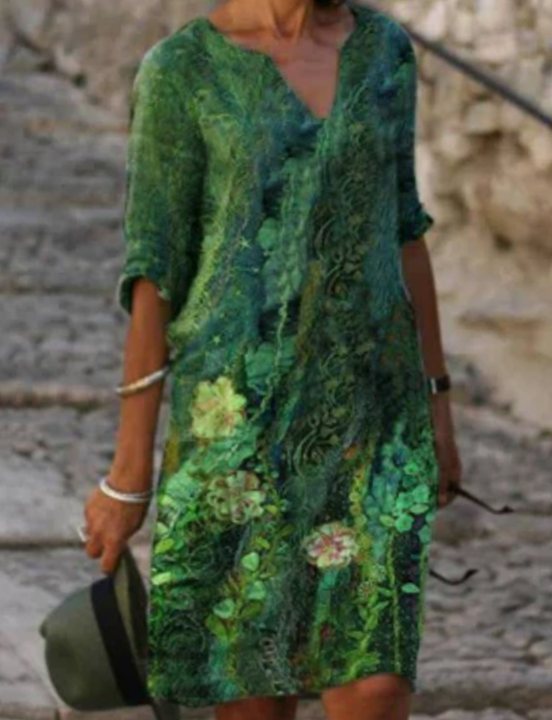 Women's Floral V-Neck Loose-Fit Midi Dress - Green