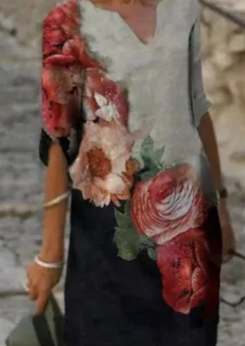 Women's Floral V-Neck Loose-Fit Midi Dress - Red