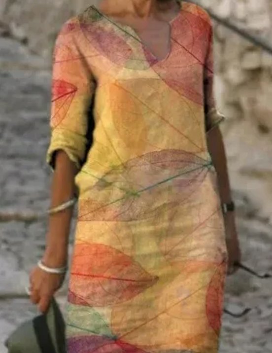 Women's Floral V-Neck Loose-Fit Midi Dress - Orange 2