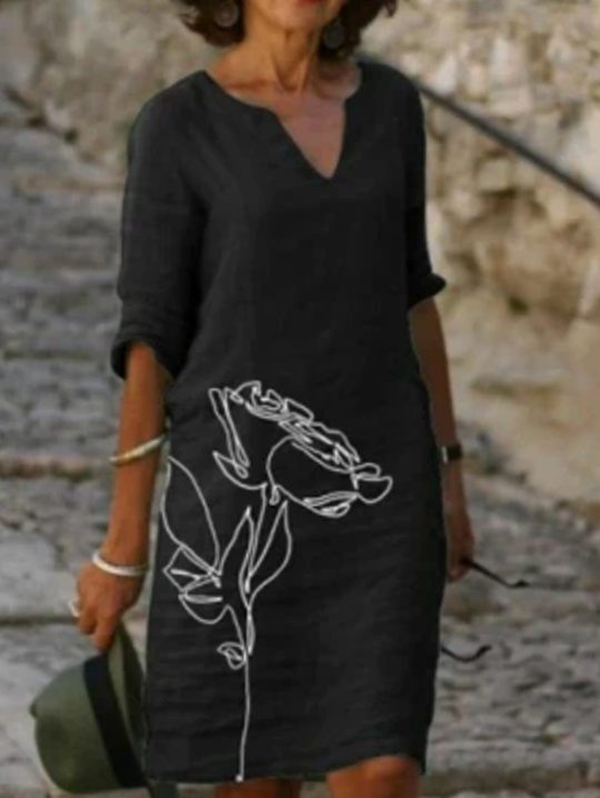 Women's Floral V-Neck Loose-Fit Midi Dress - Black