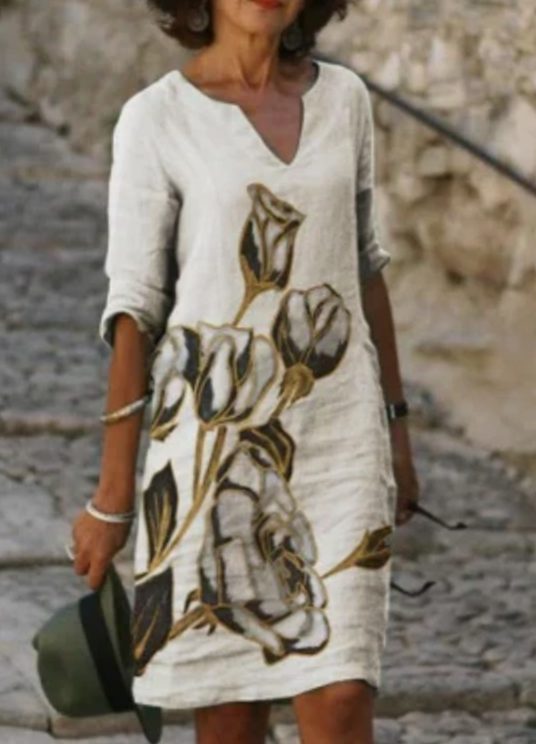 Women's Floral V-Neck Loose-Fit Midi Dress - Khaki