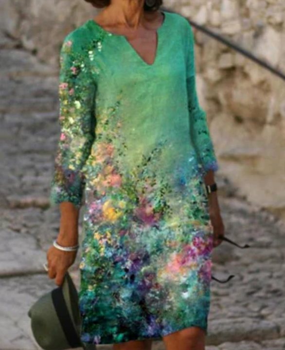 Women's Floral V-Neck Loose-Fit Midi Dress - Floral Green