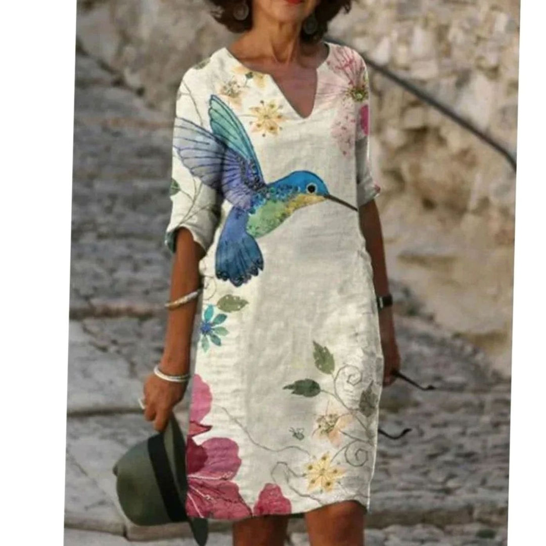Women's Floral V-Neck Loose-Fit Midi Dress - Beige