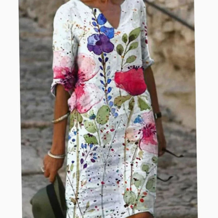 Women's Floral V-Neck Loose-Fit Midi Dress - White