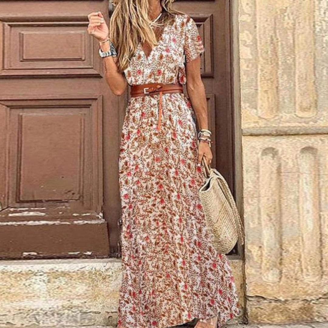 Women's Floral V-Neck Short Sleeve Belted Maxi Dress - Red