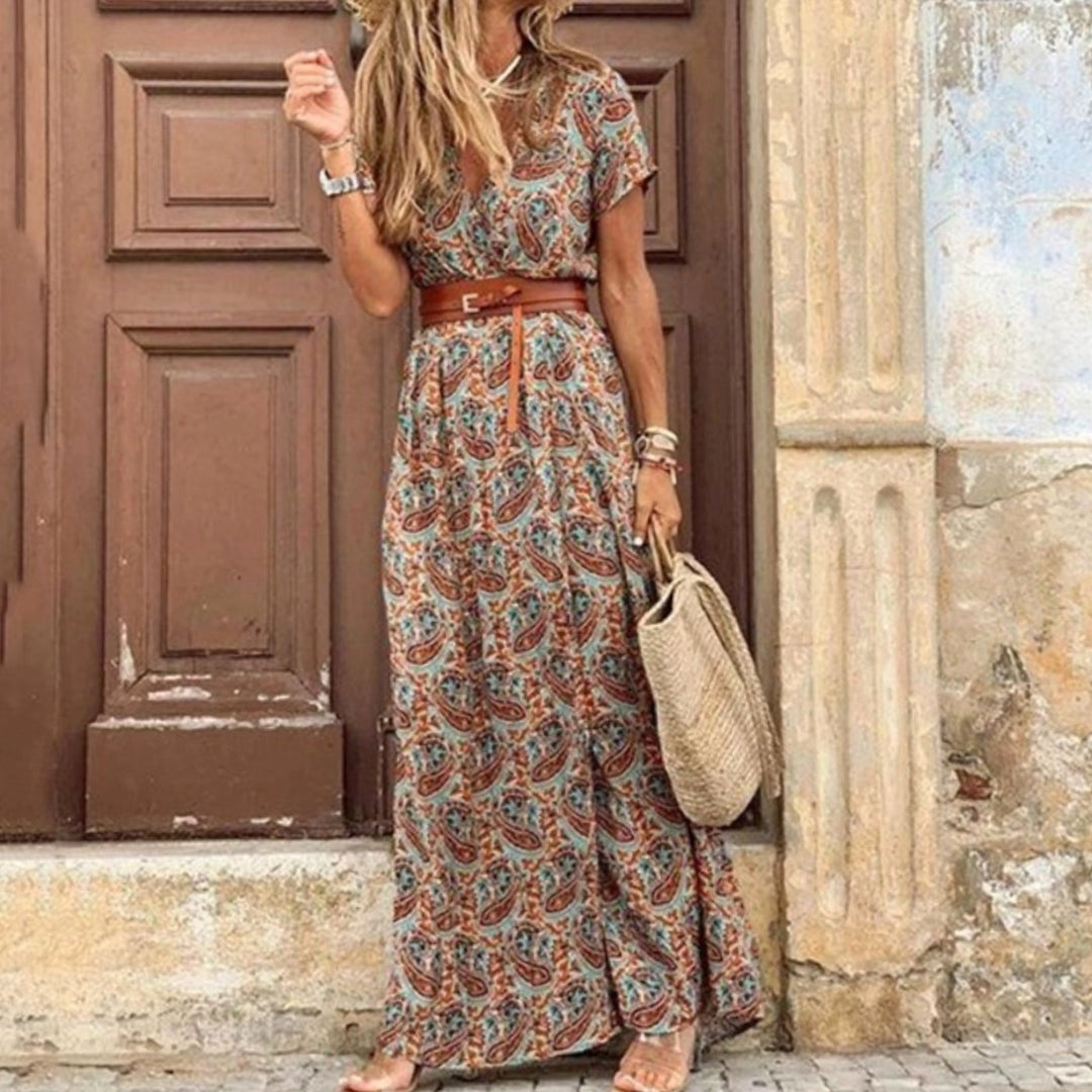 Women's Floral V-Neck Short Sleeve Belted Maxi Dress - Brown