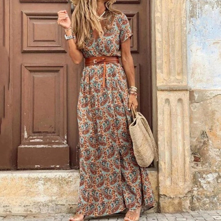 Women's Floral V-Neck Short Sleeve Belted Maxi Dress - Brown