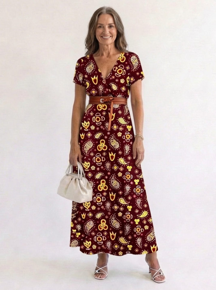 Women's Floral V-Neck Short Sleeve Maxi Dress - Burgundy