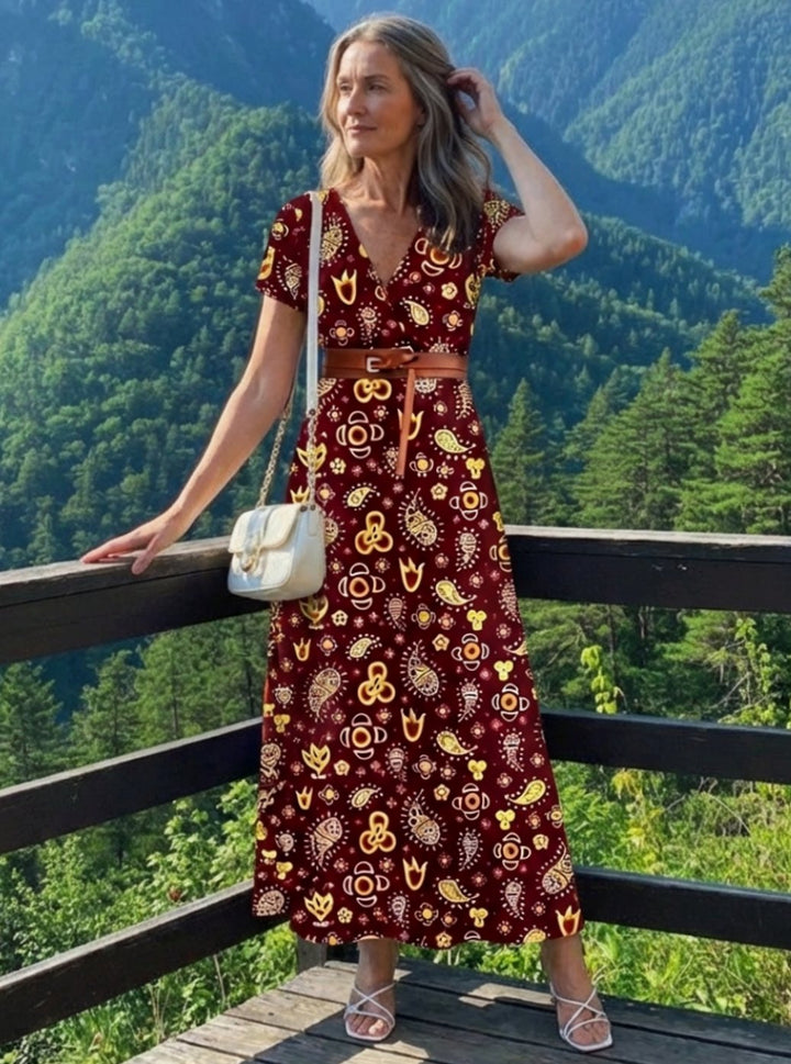 Women's Floral V-Neck Short Sleeve Maxi Dress