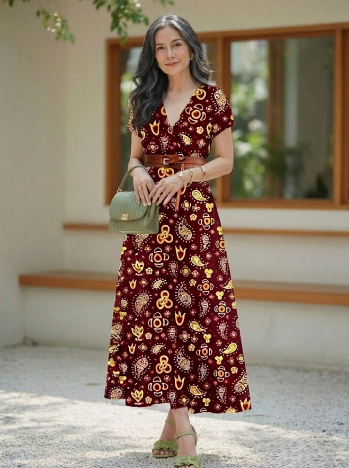 Women's Floral V-Neck Short Sleeve Maxi Dress