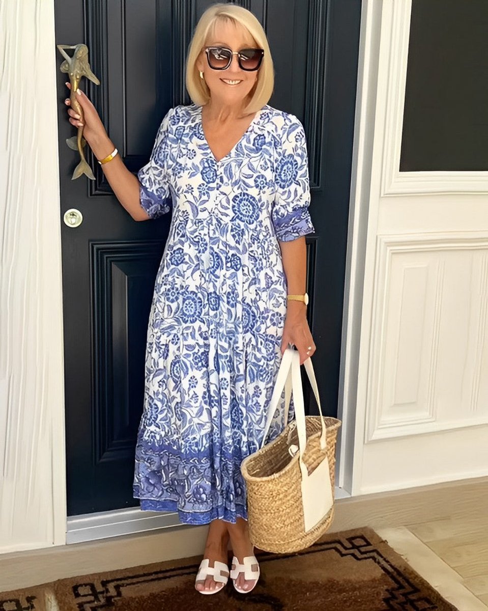 Women's Floral V-Neck Tiered Maxi Elegant Dress - Blue