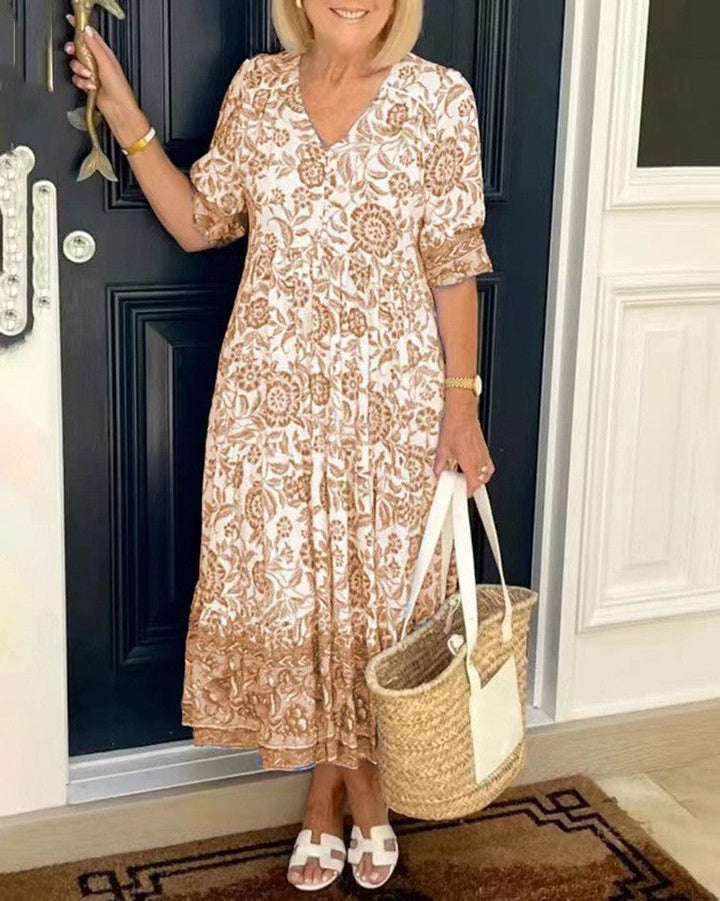 Women's Floral V-Neck Tiered Maxi Elegant Dress - Orange