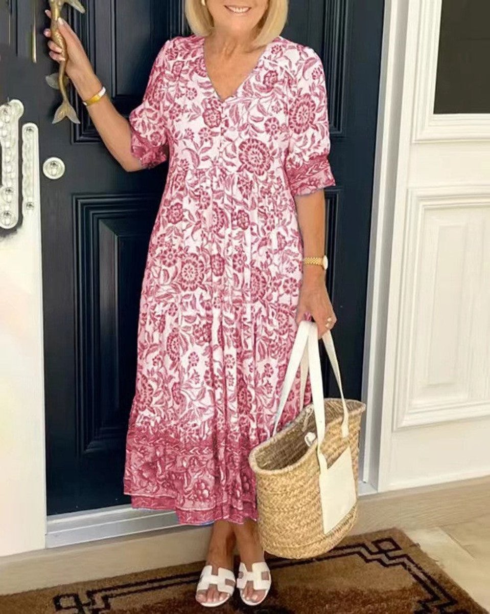 Women's Floral V-Neck Tiered Maxi Elegant Dress - Pink