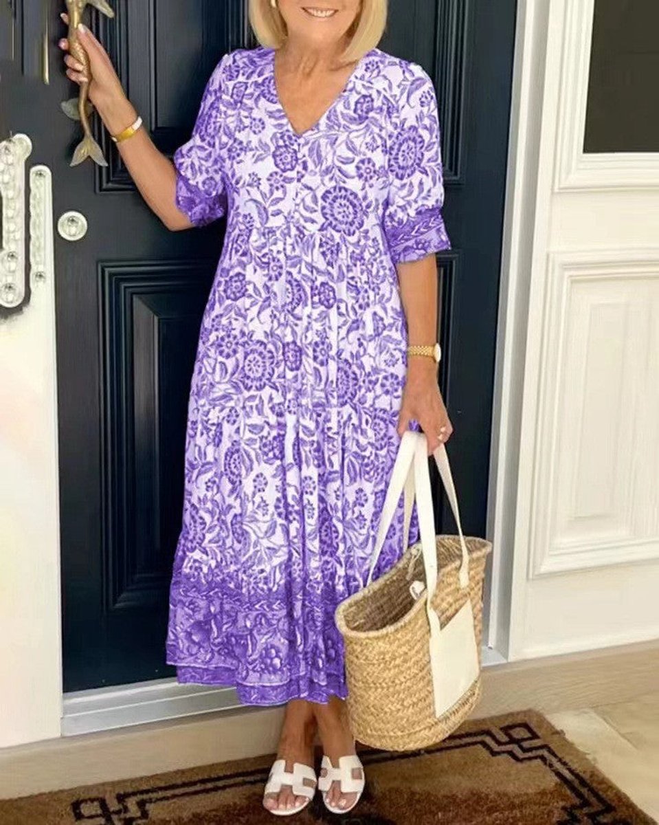 Women's Floral V-Neck Tiered Maxi Elegant Dress - Purple