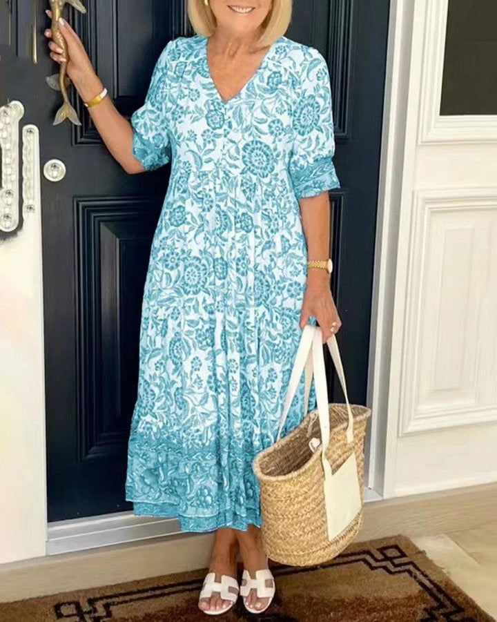 Women's Floral V-Neck Tiered Maxi Elegant Dress - Sky Blue