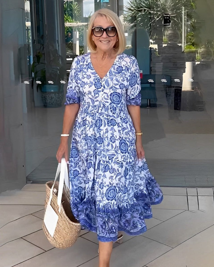 Women's Floral V-Neck Tiered Maxi Elegant Dress