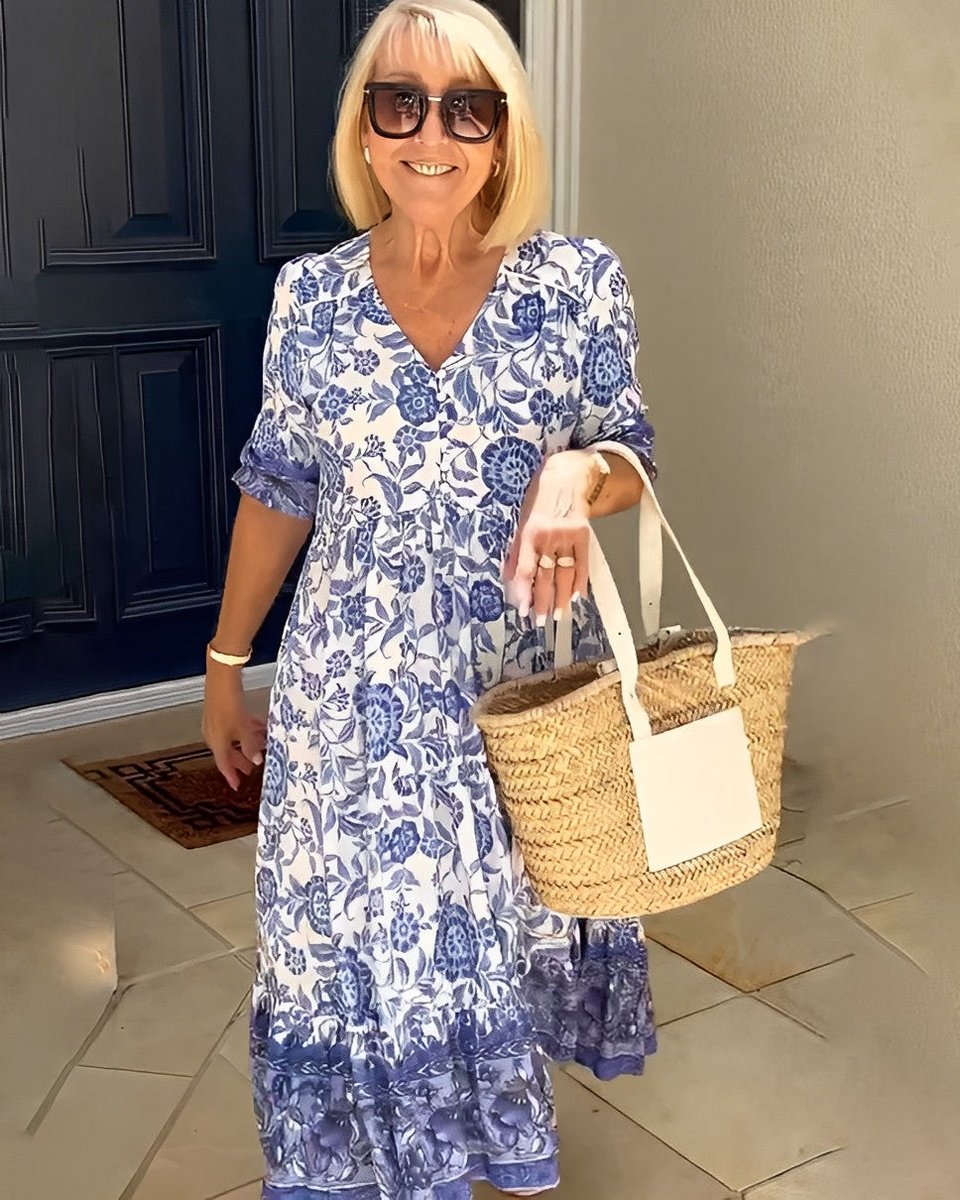 Women's Floral V-Neck Tiered Maxi Elegant Dress