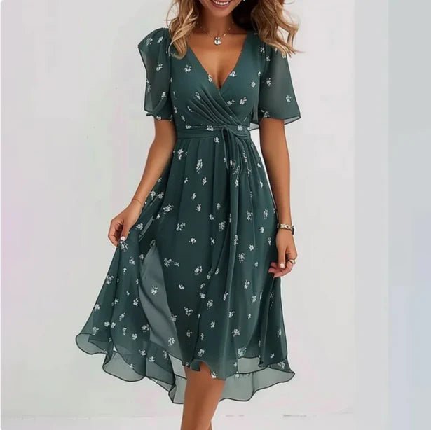 Women's Floral V-Neck Wrap Midi Dress - Groen