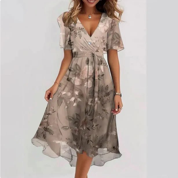 Women's Floral V-Neck Wrap Midi Dress - Beige