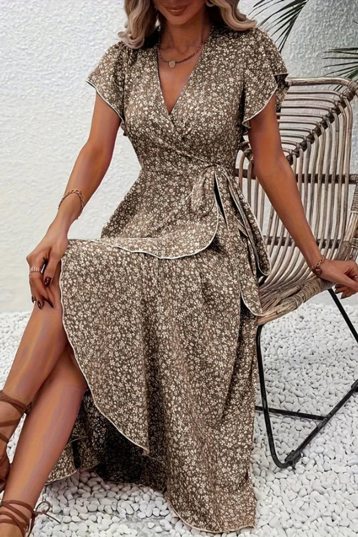 Women's Floral Wrap Midi Evening Gown V-Neck Short-Sleeve Dress - Camel