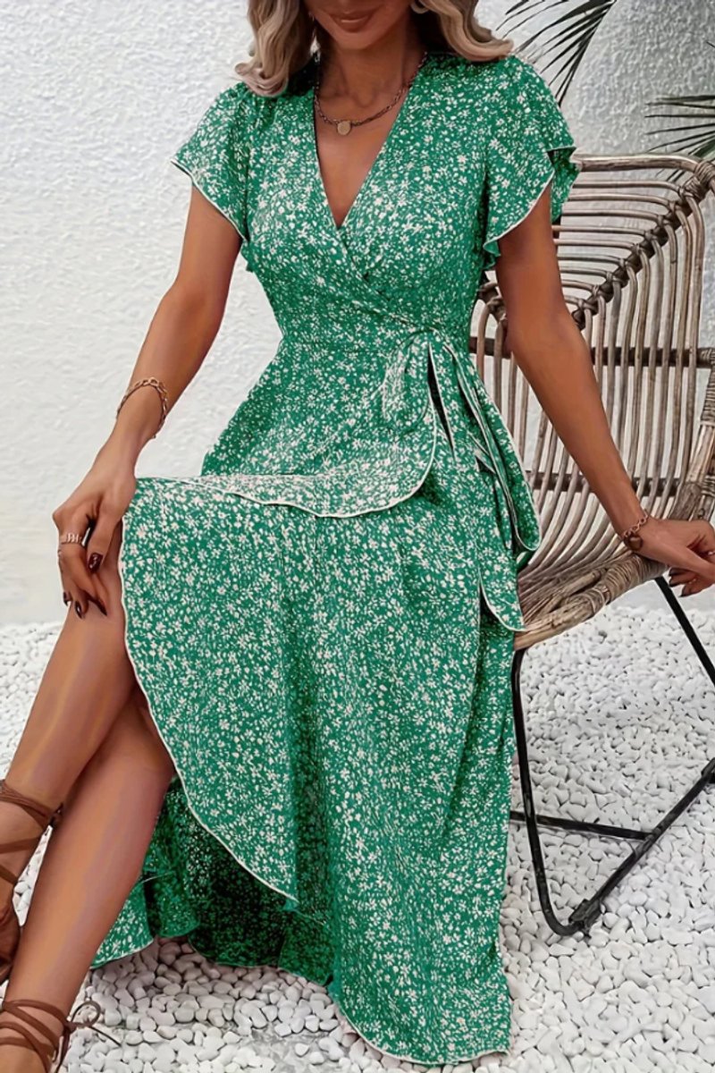Women's Floral Wrap Midi Evening Gown V-Neck Short-Sleeve Dress - Green