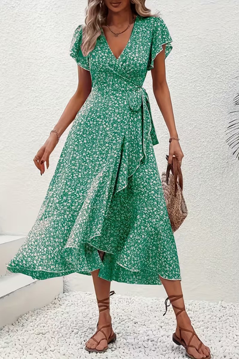 Women's Floral Wrap Midi Evening Gown V-Neck Short-Sleeve Dress