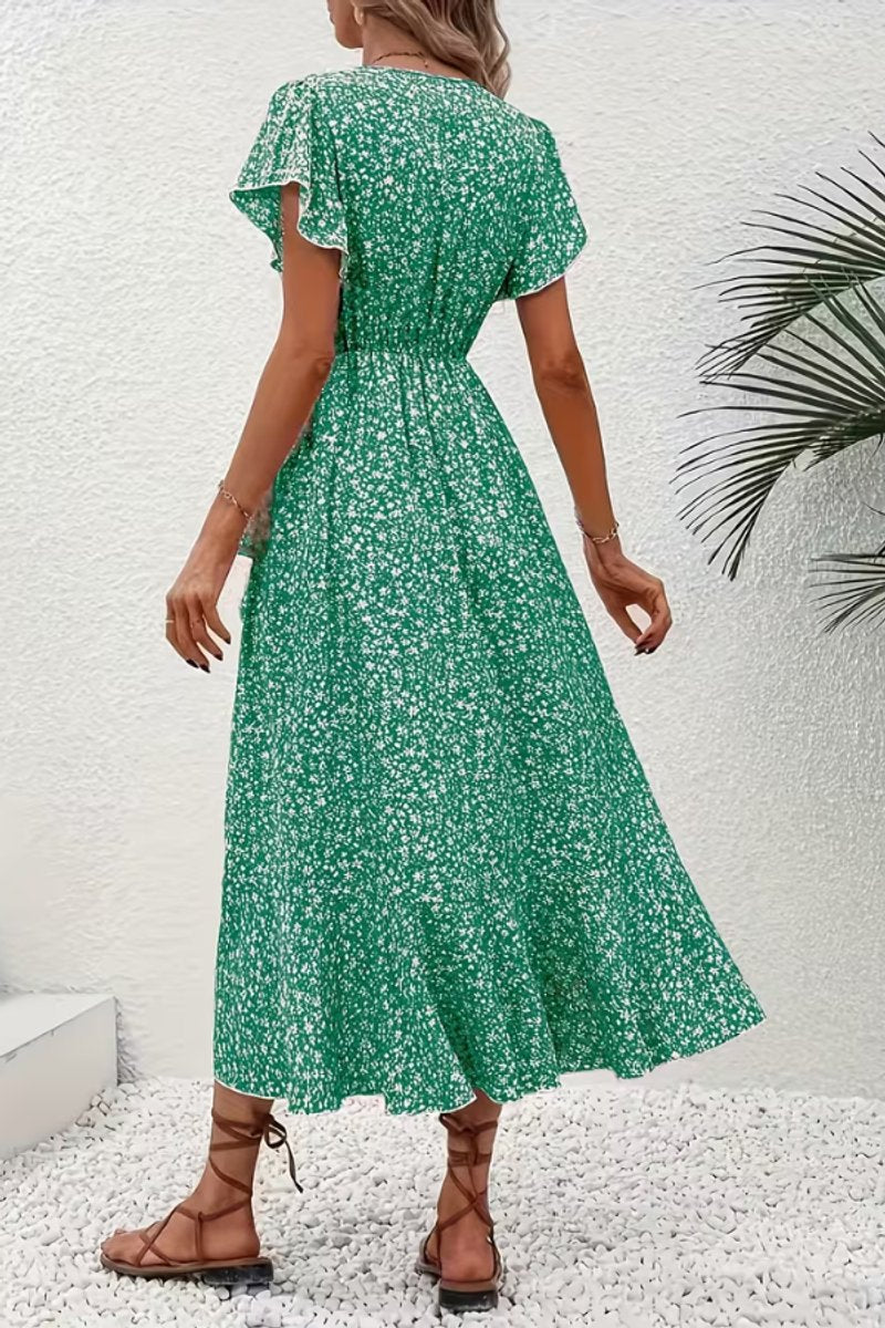 Women's Floral Wrap Midi Evening Gown V-Neck Short-Sleeve Dress
