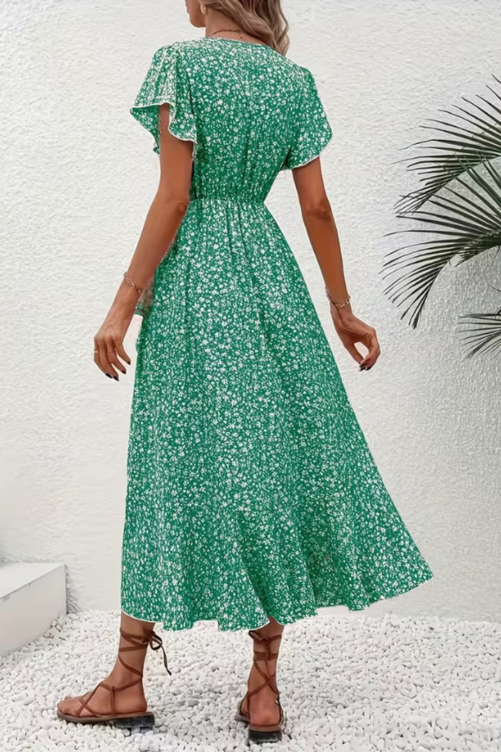 Women's Floral Wrap Midi Evening Gown V-Neck Short-Sleeve Dress