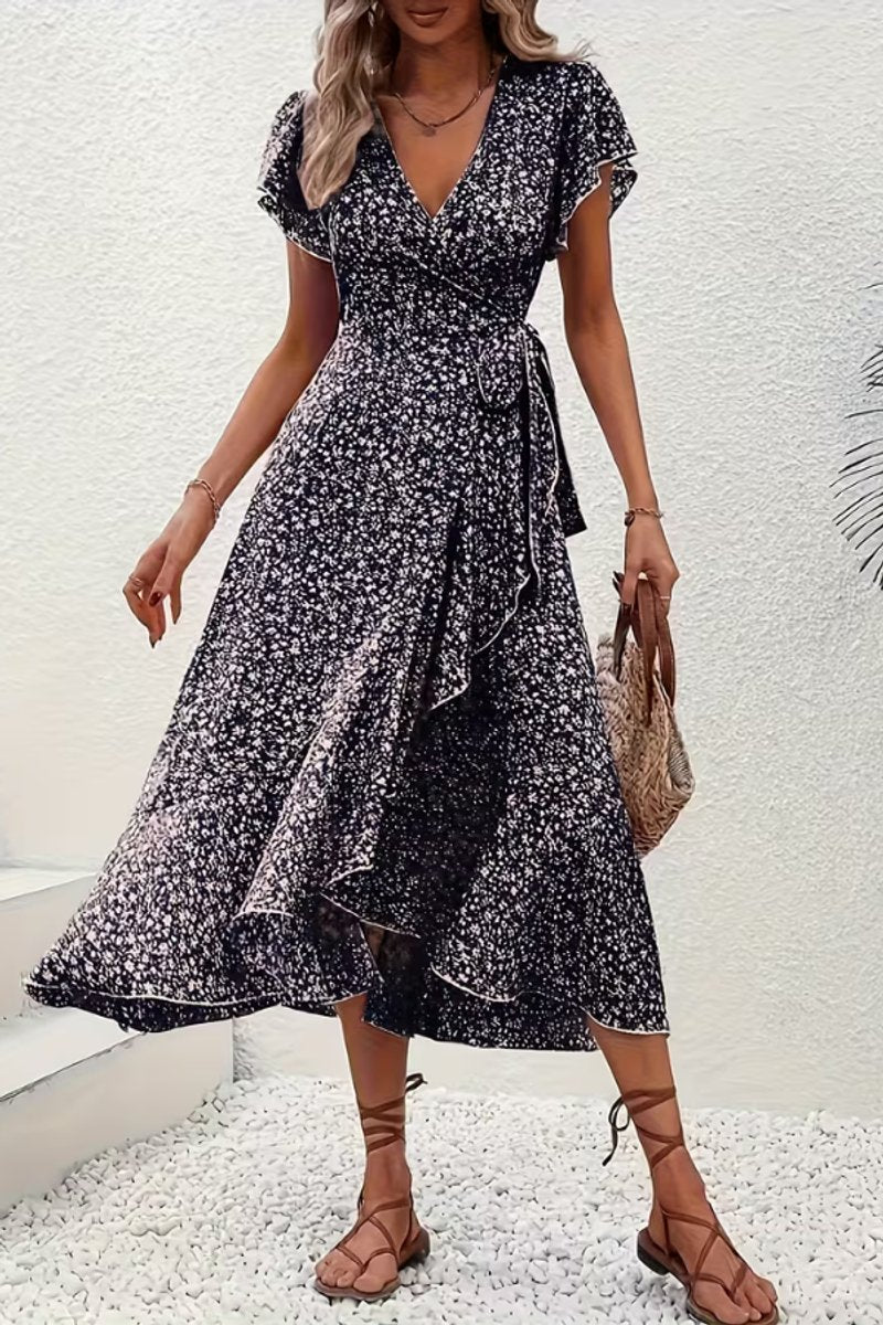 Women's Floral Wrap Midi Evening Gown V-Neck Short-Sleeve Dress