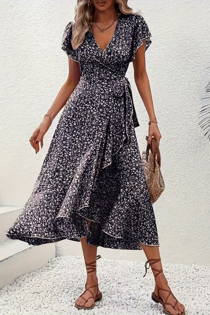 Women's Floral Wrap Midi Evening Gown V-Neck Short-Sleeve Dress