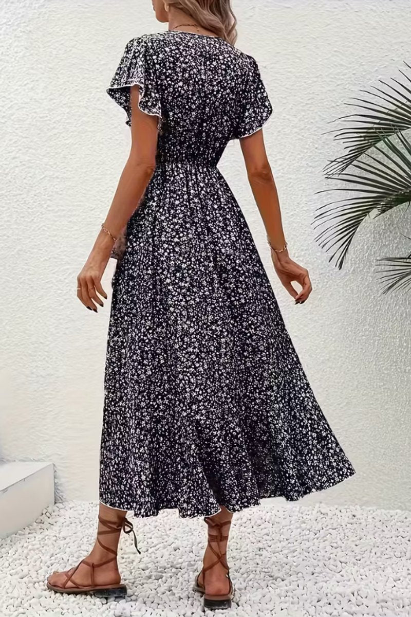 Women's Floral Wrap Midi Evening Gown V-Neck Short-Sleeve Dress