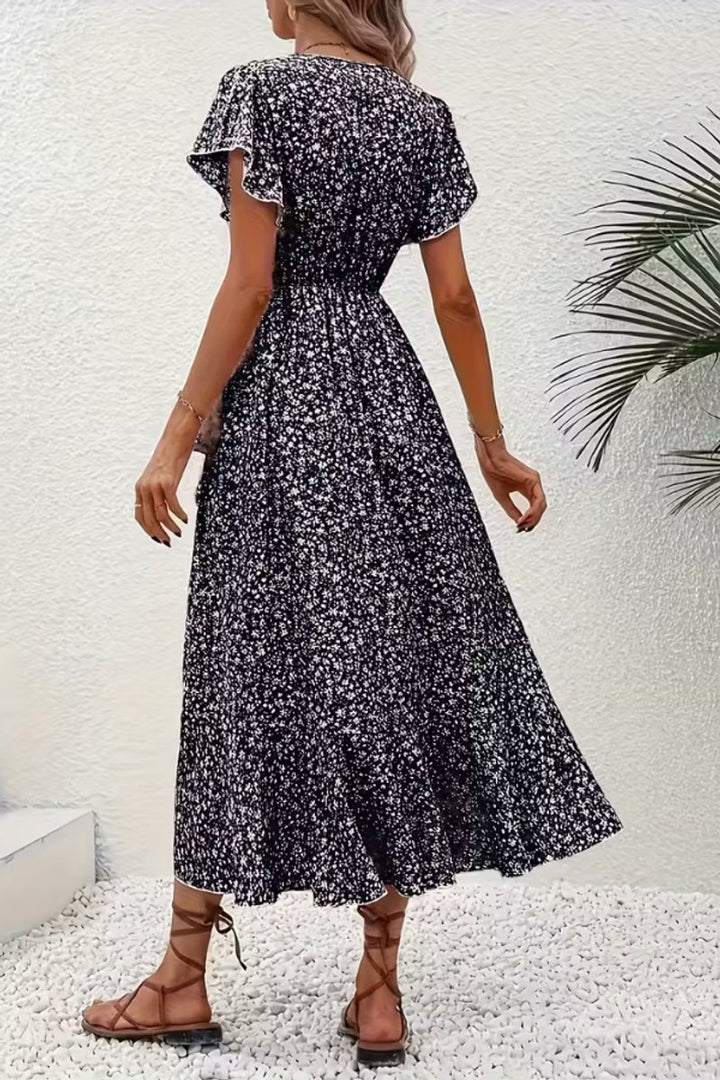 Women's Floral Wrap Midi Evening Gown V-Neck Short-Sleeve Dress