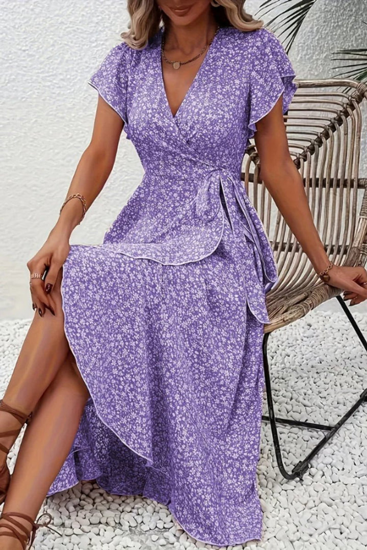 Women's Floral Wrap Midi Evening Gown V-Neck Short-Sleeve Dress - Purple