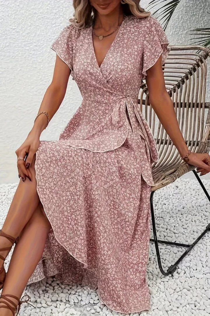 Women's Floral Wrap Midi Evening Gown V-Neck Short-Sleeve Dress - Pink